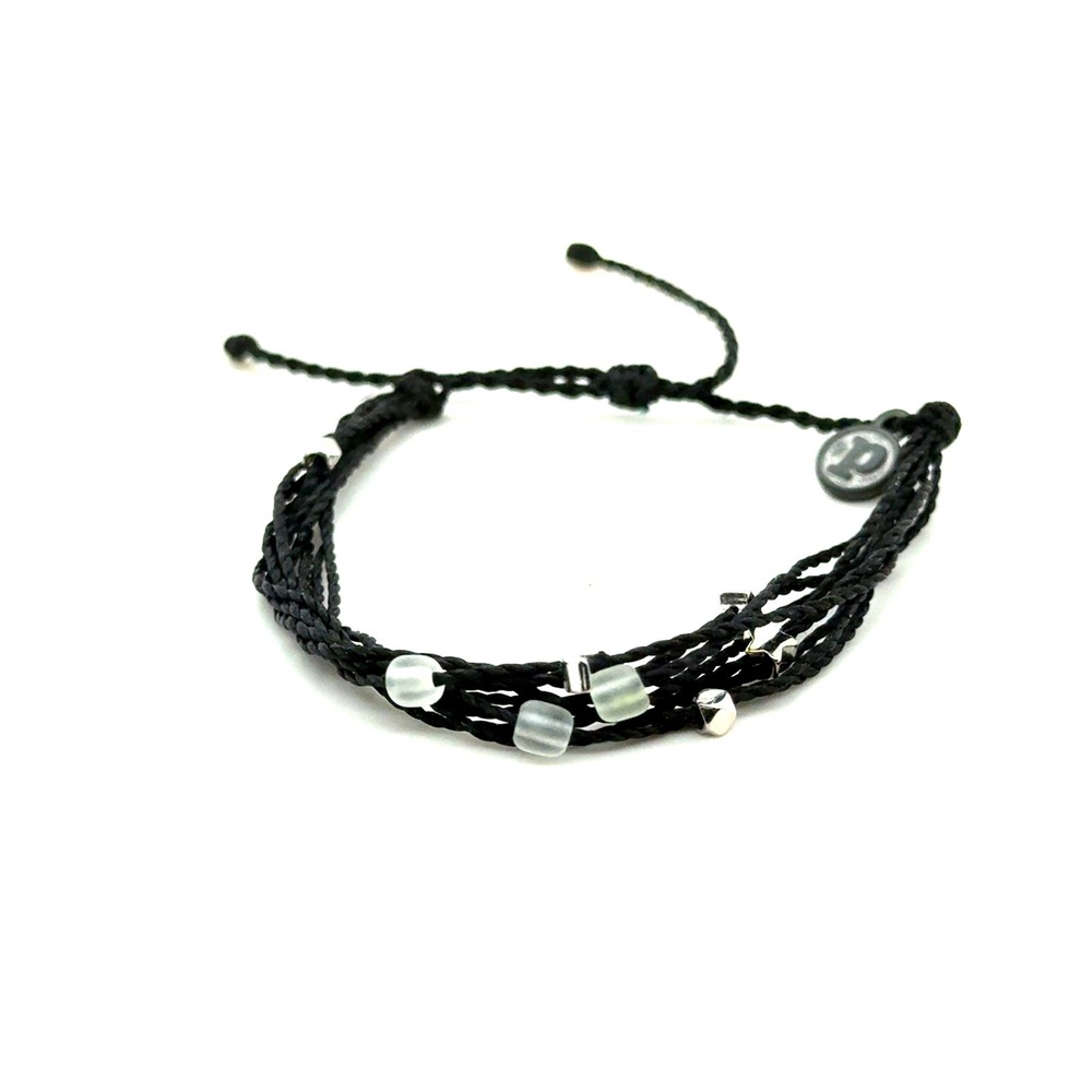 Pura Vida Black Multi Strand Cord Bracelet Frosted Beads Star Charms Adjustable